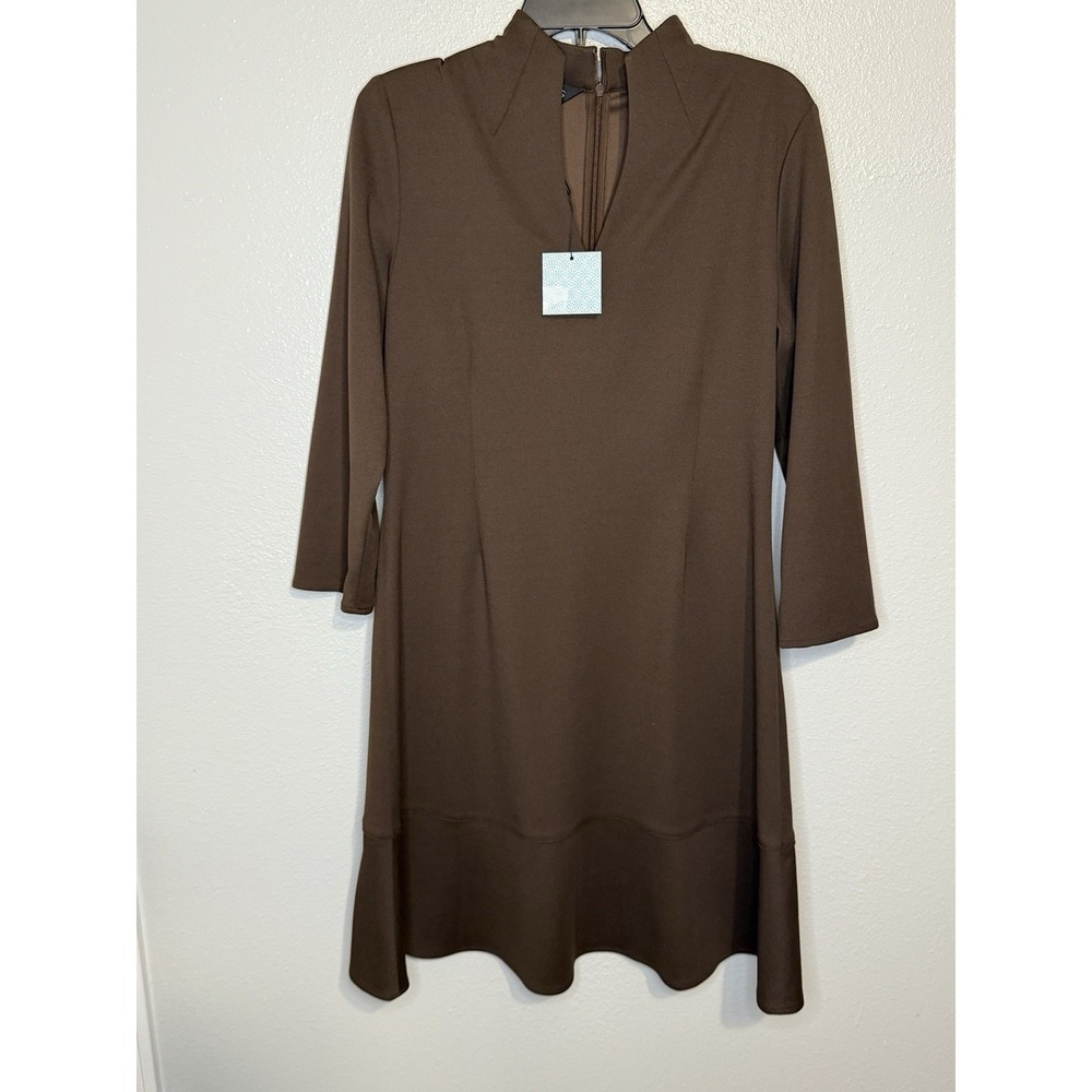 Ming Wang Dress Small Stretch Split Neck Flowy Brown Office Simple $225 New